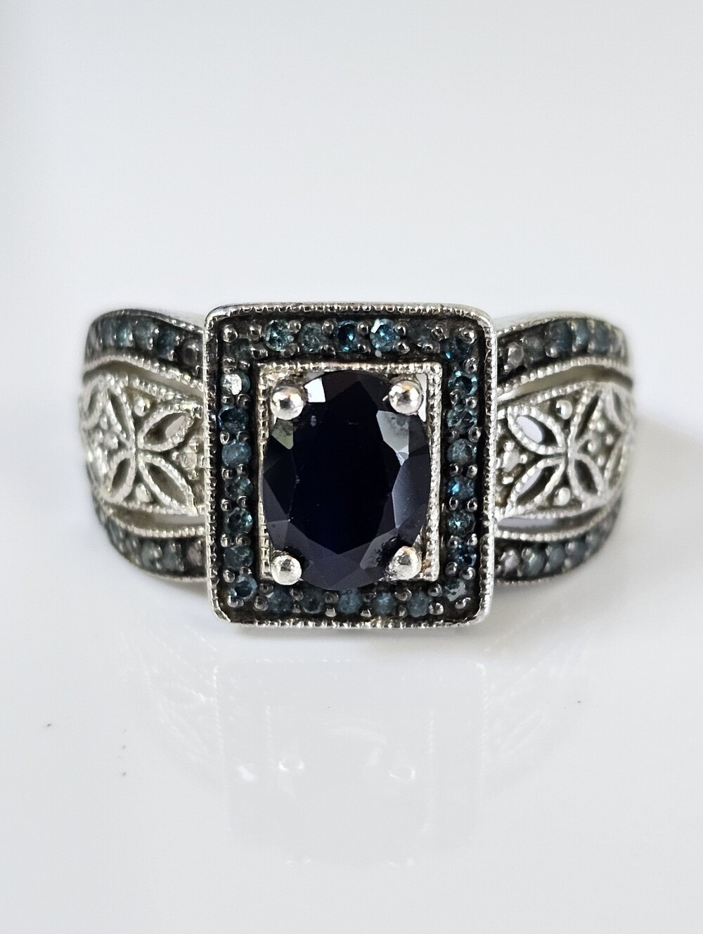 Vintage Designer Blue Sapphire & Diamond Ring Sterling Silver Size 7!